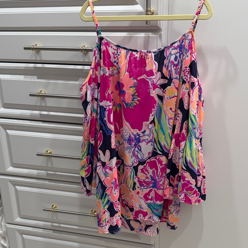 Lilly Pulitzer Alanna “Tipping Point” Pink and Blue Floral Blouse/Tunic/Top Med - Picture 7 of 15